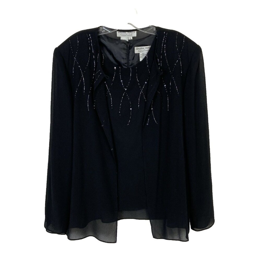 ADRIANNA PAPELL Evening Essentials Black Sheer Bead Sequin Jacket top set XL NWT